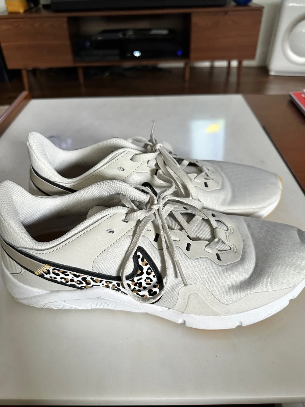 Nike Women's Cream Athletic Sneakers with Leopard Print Swoosh